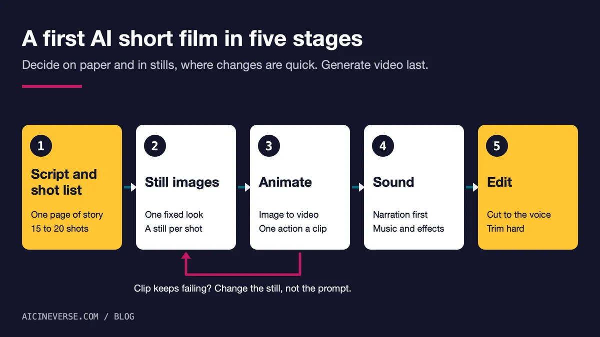 A chart of five stages from left to right: script and shot list, still images, animate, sound, edit. An arrow loops back from animate to still images.